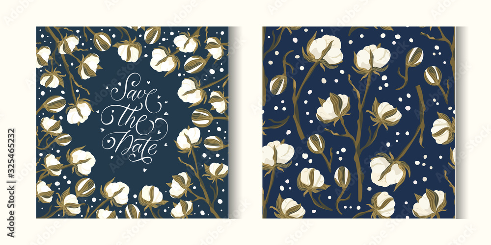 Fototapeta Save the Date. Floral greeting wedding card vector template. Invitation with hand drawn leaves and wild field cotton flowers illustrations in a flat style and lettering quote.