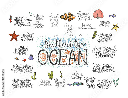 Summer sea lettering big vector set. Ocean quotes and clip art collection. Perfect for t shirt, card print design. Graphic nautical marine theme illustration. Breathe in the ocean