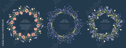 Wreath vector frame floral card set. Greeting template collection in a flat style. Circle wedding or birthday romantic background with poppy and lavender.