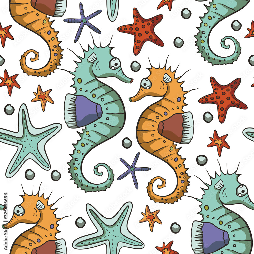 Seahorse animal seamless pattern with starfish and bubbles. Vector ocean summer art in hand drawn cartoon doodle style. Sea horse marine kid illustration on a white background.