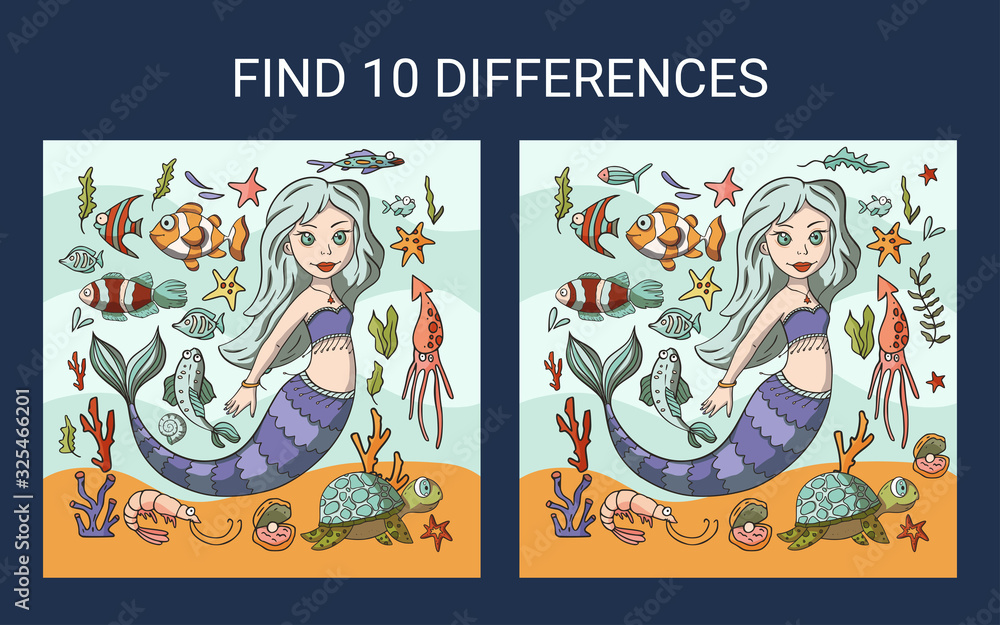 Mermaid sea illustration. Find 10 differences. Educational funny game for children. Puzzle for children, kid. Print and play. Cartoon vector illustration.