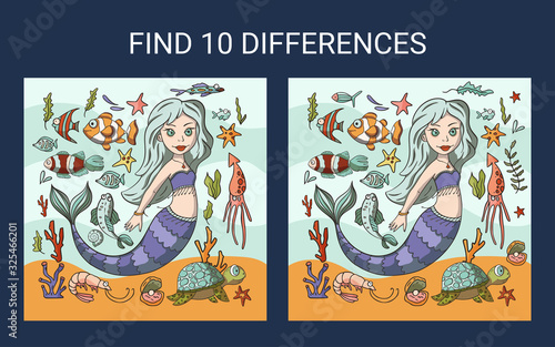 Mermaid sea illustration. Find 10 differences. Educational funny game for children. Puzzle for children, kid. Print and play. Cartoon vector illustration.