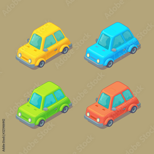 Set of isometric cars. Cartoon style. City transport.