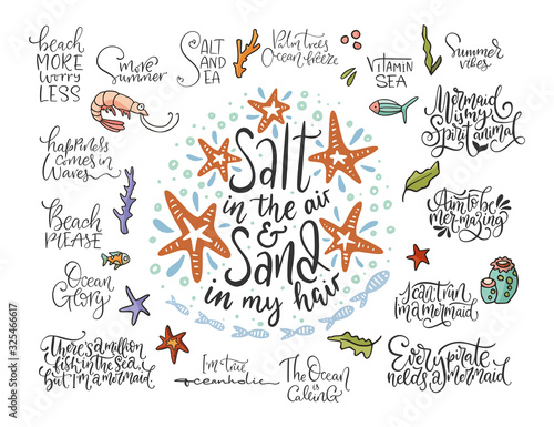 Summer sea lettering big vector set. Ocean quotes and clip art collection. Perfect for t shirt, card print design. Graphic nautical marine theme illustration. Salt in the air sand in my hair.