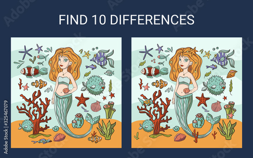 Mermaid sea illustration. Find 10 differences. Educational funny game for children. Puzzle for children, kid. Print and play. Cartoon vector illustration.