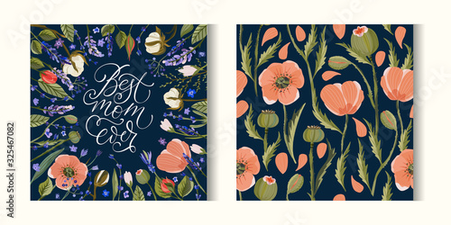 Best mom ever. Floral greeting card vector template. Frame with hand drawn wild field poppy, lavender, cotton and roses flowers illustrations in a flat style.