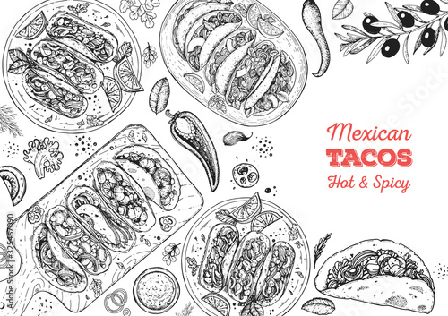 Tacos cooking and ingredients for tacos, sketch illustration. Mexican cuisine frame. Fast food menu design elements. Tacos hand drawn frame. Mexican food.