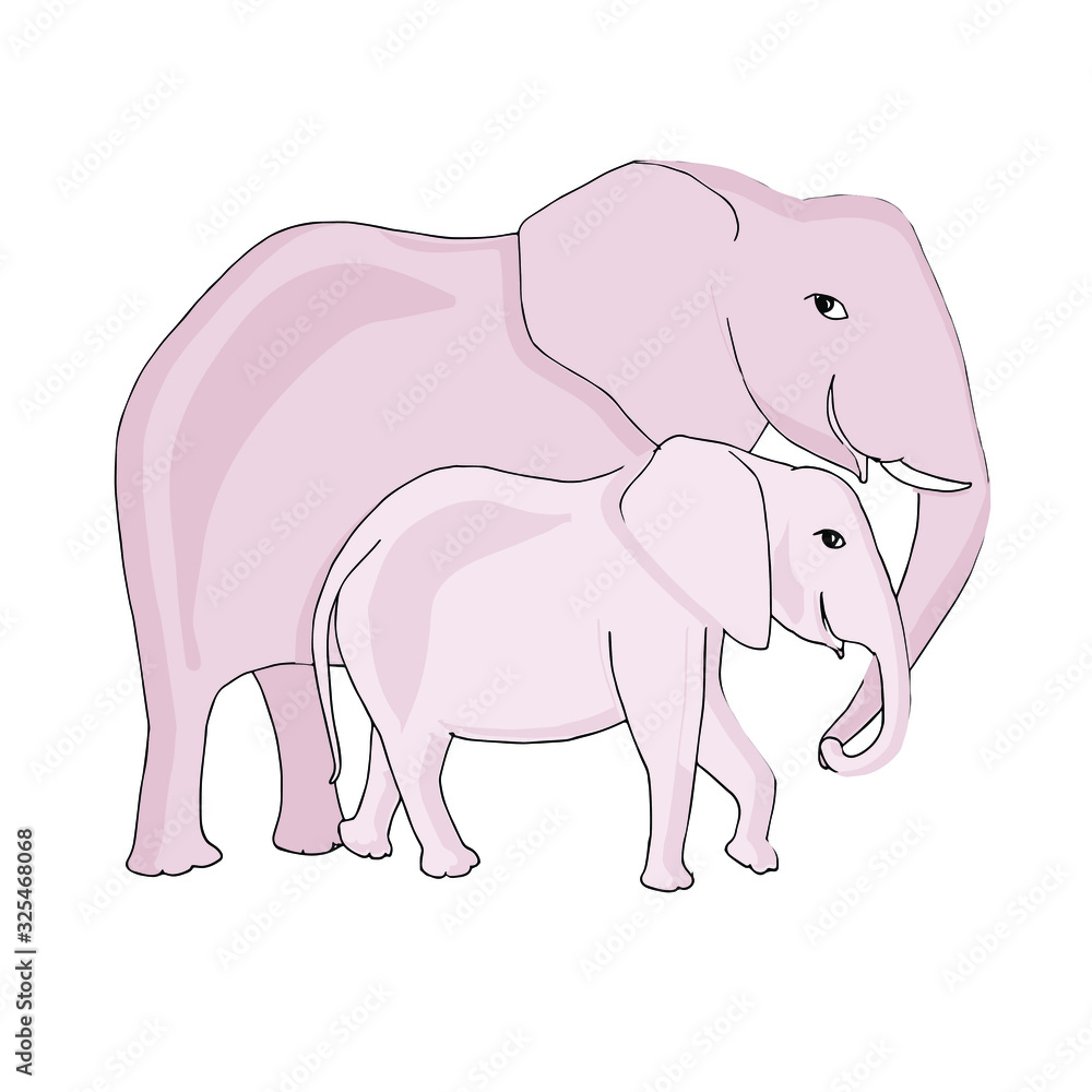 Elephant family. Pink animal outline hand drawn ink monochrome art design element for web, for print, for t-shirt print