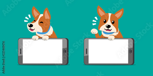 Cartoon character cute corgi dog and smartphones for design.