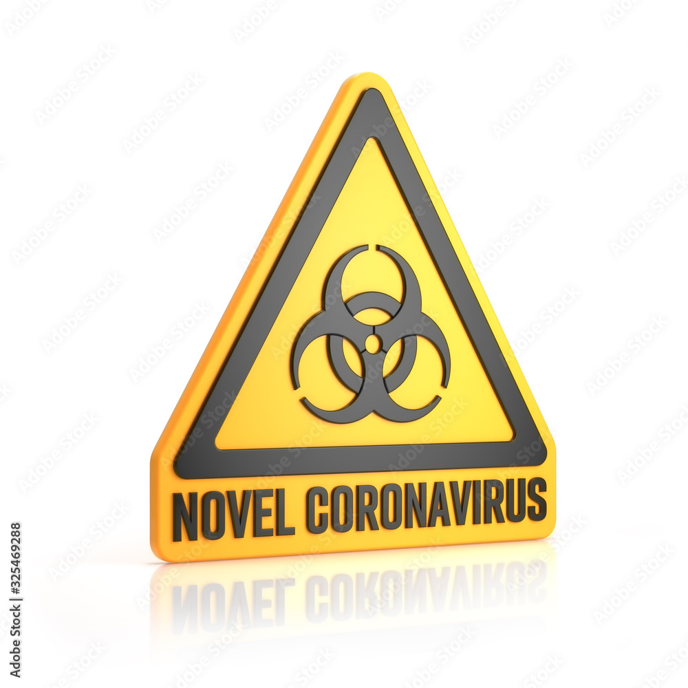 3d Illustration - gelbes Warnzeichen für biologische Gefahren und der Meldung novel coronavirus auf einem weißen Hintergrund 3d Illustration - gelbes Warnzeichen für biologische Gefahren und der Meldung novel coronavirus auf einem weißen Hintergrund