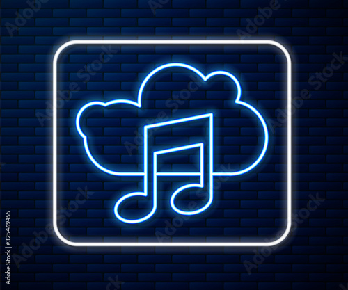 Glowing neon line Music streaming service icon isolated on brick wall background. Sound cloud computing, online media streaming, song, audio wave.  Vector Illustration