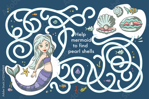 Educational funny game for children. Labyrinth puzzle for kid. Print and play. Cartoon vector illustration. Sea mermaid girl, underwater summer art.
