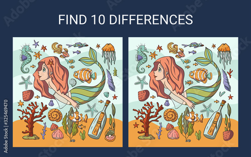 Mermaid sea illustration. Find 10 differences. Educational funny game for children. Puzzle for children, kid. Print and play. Cartoon vector illustration.