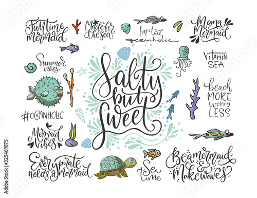 Summer sea lettering big vector set. Ocean quotes and clip art collection. Perfect for t shirt, card print design. Graphic nautical marine theme illustration. Salty but sweet.