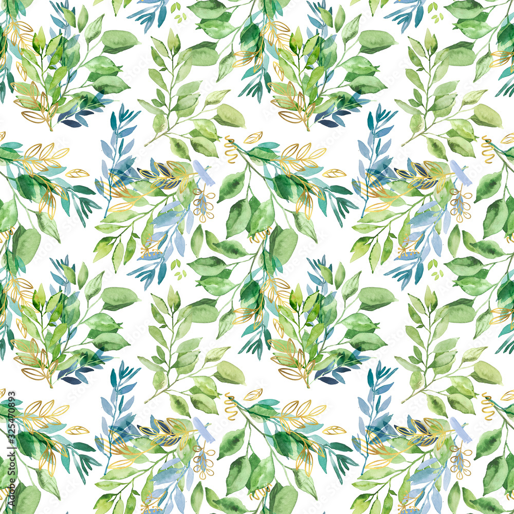 Fototapeta premium Watercolor hand painted botanical leaves and branches illustration seamless pattern, wallpaper, wrapping paper