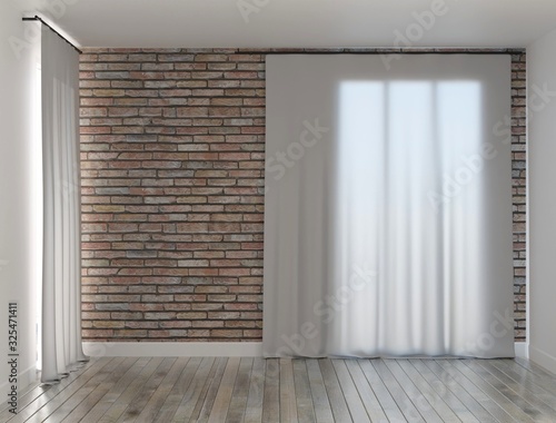 An empty room with a brick wall and panoramic windows behind the curtains. 3D rendering.