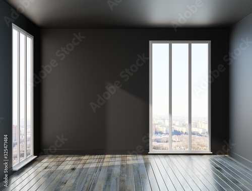 Interior of an empty room with dark walls and panoramic windows. 3D rendering.