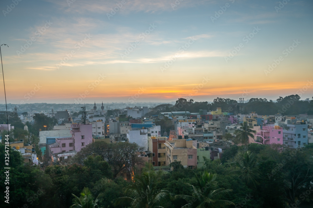 View of Sunrise Over Bangalore Neighborhood With Dense Vegetation in the Foreground