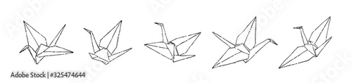 Hand drawn paper cranes set, ink drawing sketch vector illustration, black isolated origami on white background
