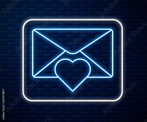 Glowing neon line Envelope with Valentine heart icon isolated on brick wall background. Message love. Letter love and romance. Vector Illustration