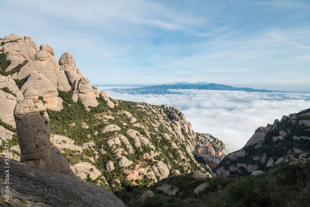 View from the top of the Montserrat Mountains and the Montserrat Monastery in the lower part