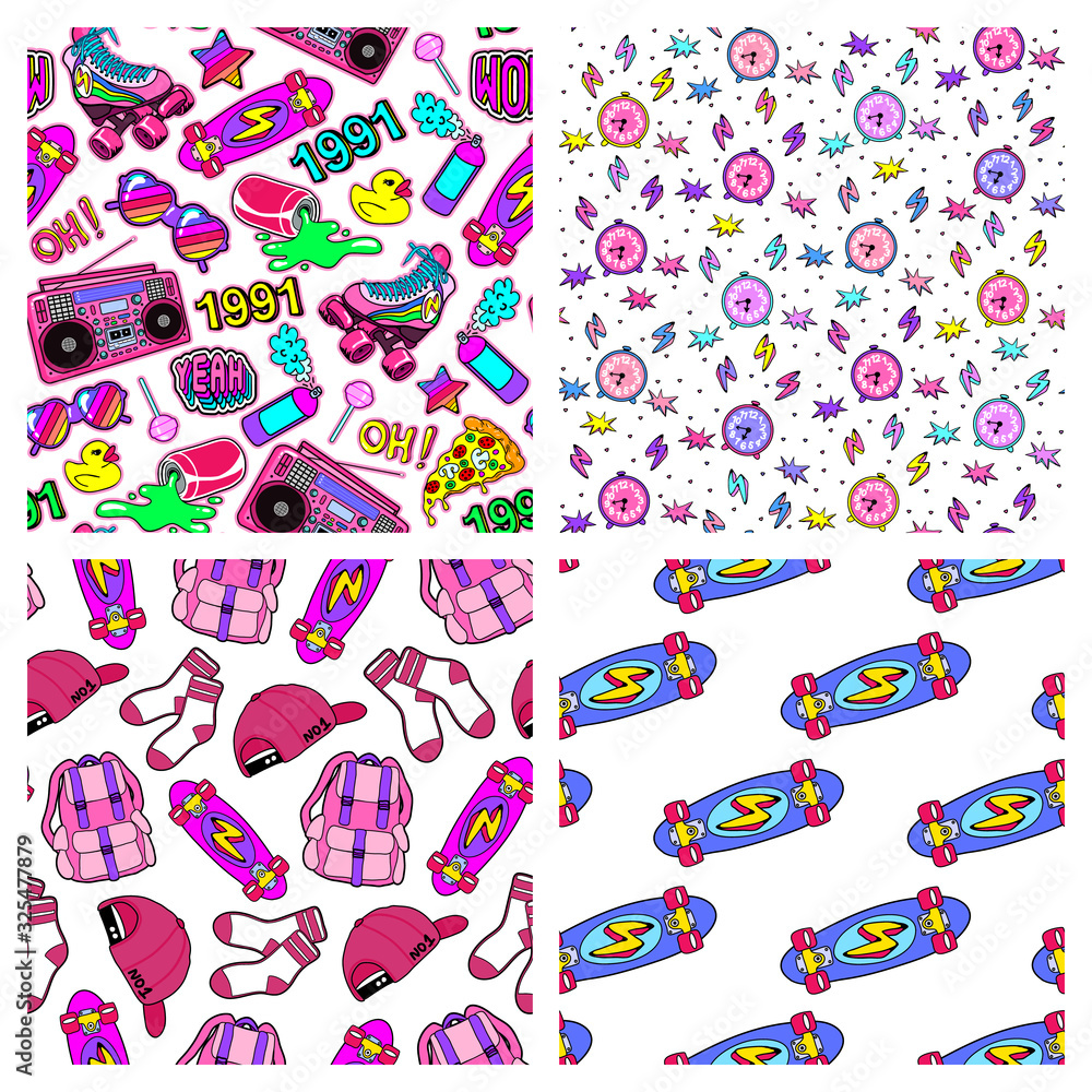 Set of 4 fun seamless patterns with colorful elements from the nineties. Back to school style backgrounds with patches, badges, pins, stickers in 90s comic style: rollerblades, socks, skates, alarm cl Set of 4 fun seamless patterns with colorful elements from the nineties. Back to school style backgrounds with patches, badges, pins, stickers in 90s comic style: rollerblades, socks, skates, alarm cl