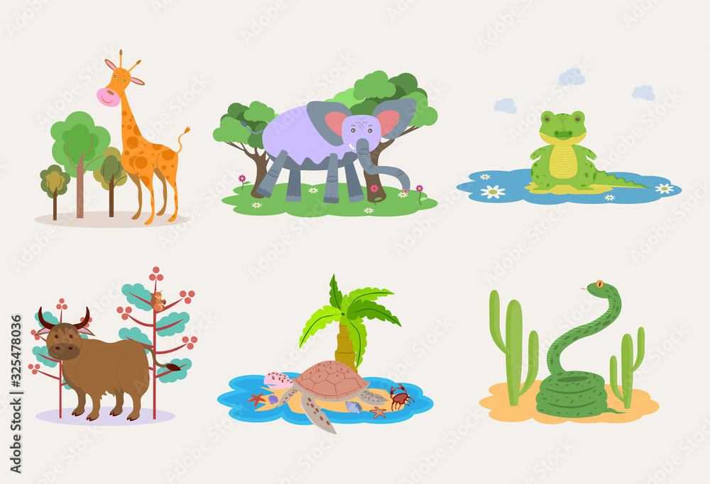 Animals elephant, giraffe, crocodile, turtle, snake and yak. Colorful vector illustration Animals elephant, giraffe, crocodile, turtle, snake and yak. Colorful vector illustration