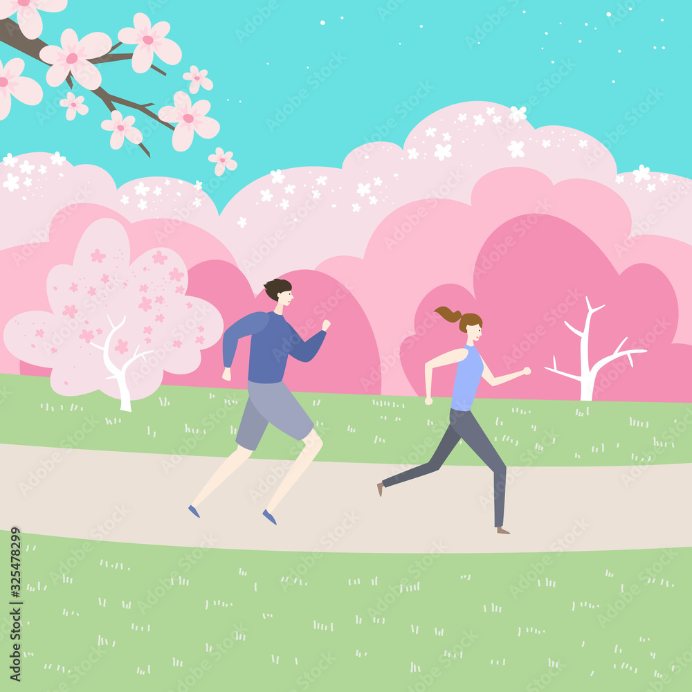 Сouple are jogging in a flowering park. Сouple are jogging in a flowering park.