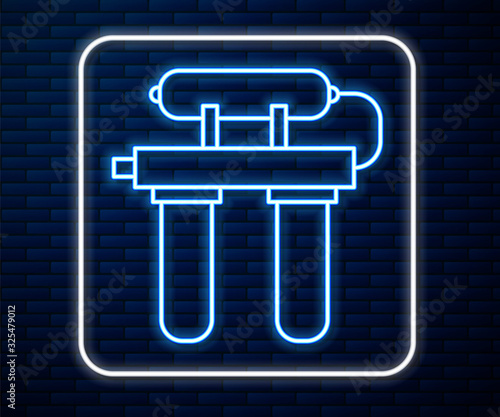 Glowing neon line Water filter icon isolated on brick wall background. System for filtration of water. Reverse osmosis system. Vector Illustration