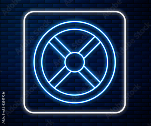 Glowing neon line Industry valve icon isolated on brick wall background. Vector Illustration