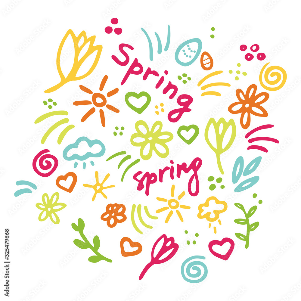 Spring vibes. Marker hand drawn illustration. Cute doodle elemets for ...