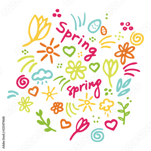 Spring vibes. Marker hand drawn illustration. Cute doodle elemets for digital and print