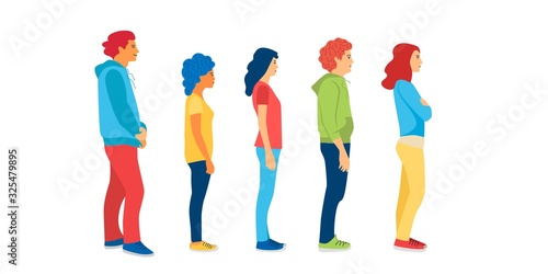 Side view of people standing in row. Vector illustration in flat cartoon style.