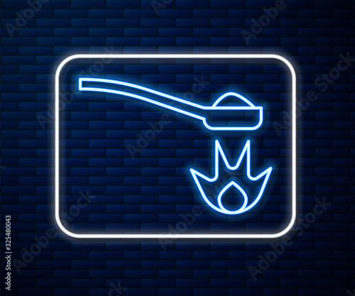 Glowing neon line Heroin in a spoon icon isolated on brick wall background. Concept of drug addiction and dependence from the narcotic. Junkie lifestyle. Vector Illustration