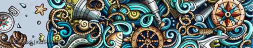 Nautical hand drawn doodle banner. Cartoon detailed flyer.