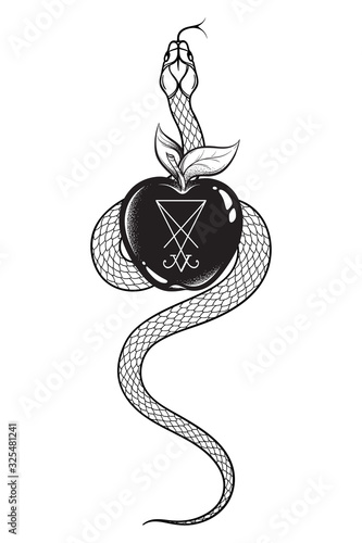 Serpent with the forbidden fruit from the tree of knowledge with the sigil of Lucifer line art and dot work. Boho chic tattoo, poster, tapestry or altar veil print design vector illustration.