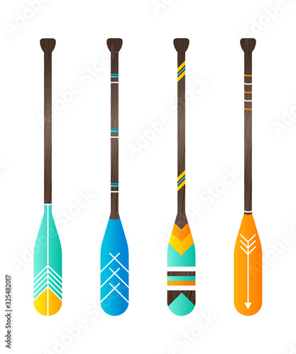 Set of realistic oar paddle. Isolated wood