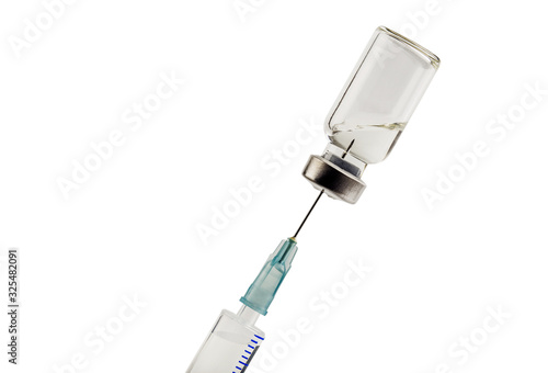 medical syringe for injection with a needle and a bottle with a medicine