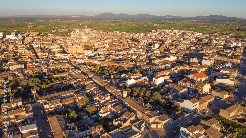 Aerial view of the village of Campos at sunset on a sunny day. Island of Mallorca, Spain