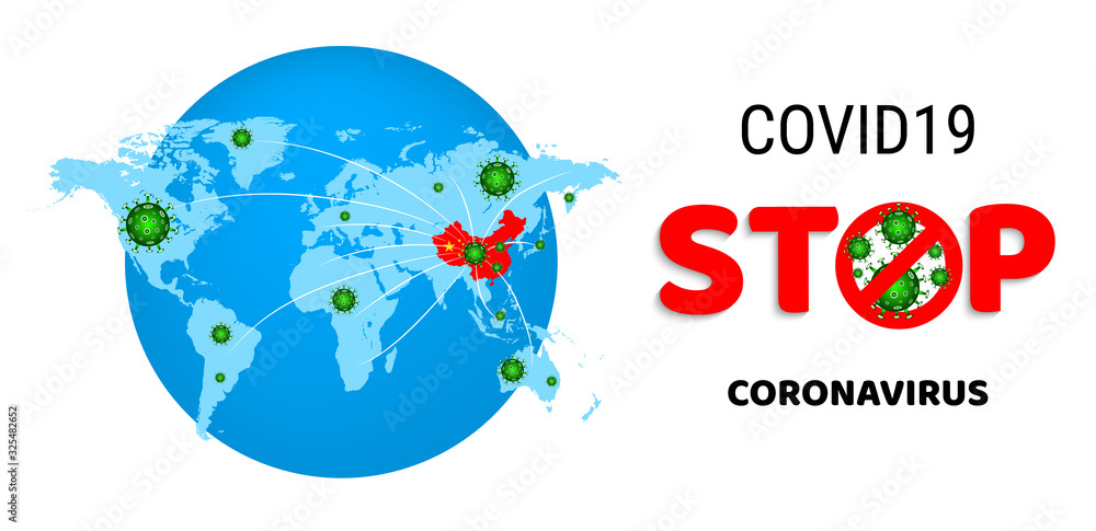 MERS-Cov (middle East respiratory syndrome coronavirus), Novel coronavirus COVID-19 (2019-nCoV). Blue world map with red China. Spread of the virus on the planet. Vector illustration
