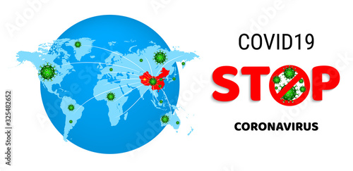 MERS-Cov (middle East respiratory syndrome coronavirus), Novel coronavirus COVID-19 (2019-nCoV). Blue world map with red China. Spread of the virus on the planet. Vector illustration © maribom