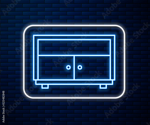 Glowing neon line Chest of drawers icon isolated on brick wall background. Vector Illustration