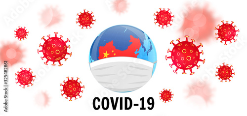 Coronavirus COVID-19 concept. Earth in a medical mask. Dangerous chinese nCoV coronavirus outbreak. Pandemic medical concept with dangerous cells. Vector illustration