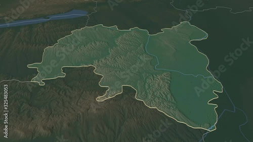 Tolna, county with its capital, zoomed and extruded on the relief map of Hungary in the conformal Stereographic projection. Animation 3D photo