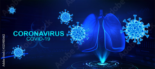 COVID-2019 (coronavirus) with human lungs hologram on a blue futuristic background. Deadly type of virus causes the severe illness SARS (Severe Acute Respiratory Syndrome). 3D Coronavirus bacteria. 