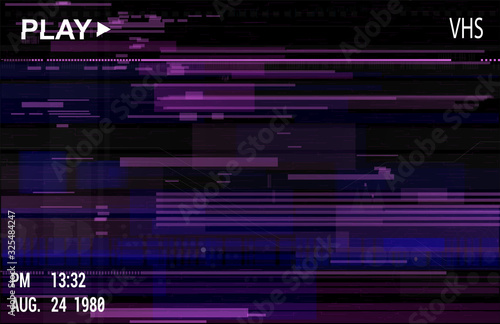 VHS video effect with glitch. Retro digital background, effect old video, tape rewind or no signal TV screen. Glitch art VHS vaporwave/ cyberpunk style vector illustration.