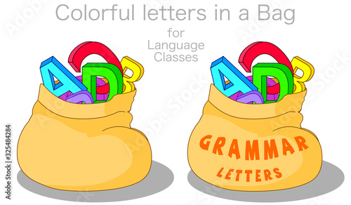 Bag of letters for language lessons. Cartoon grammar class icon. Colorful letters green, blue red yellow abc in sack. Latin, english, spanish,  german course. School education illustration Vector