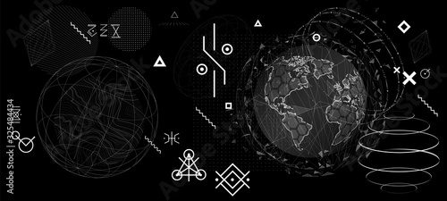 Abstract shapes and futuristic minimal elements spheres and astronomical bodies. Set of neo memphis geometric shapes. Blackboard with alchemical enigmatic symbols. Vaporwave style, Vector set