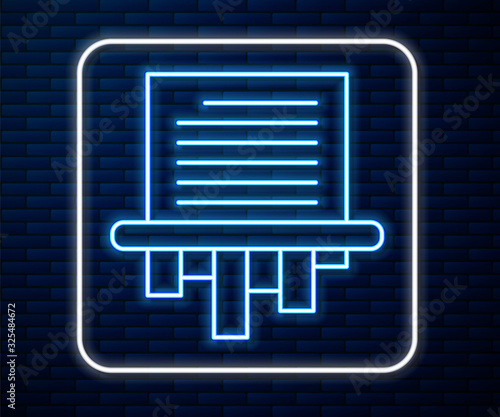 Glowing neon line Paper shredder confidential and private document office information protection icon isolated on brick wall background. Vector Illustration