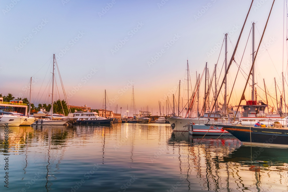Yachts docked in the Marina at sunset, Palma, Spain